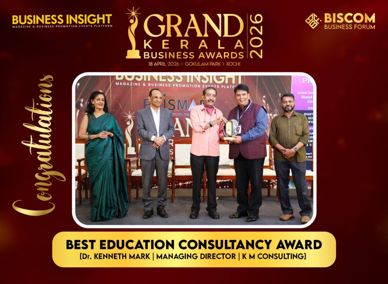 K M Consulting receiving the Best Education Consultancy Award 2026